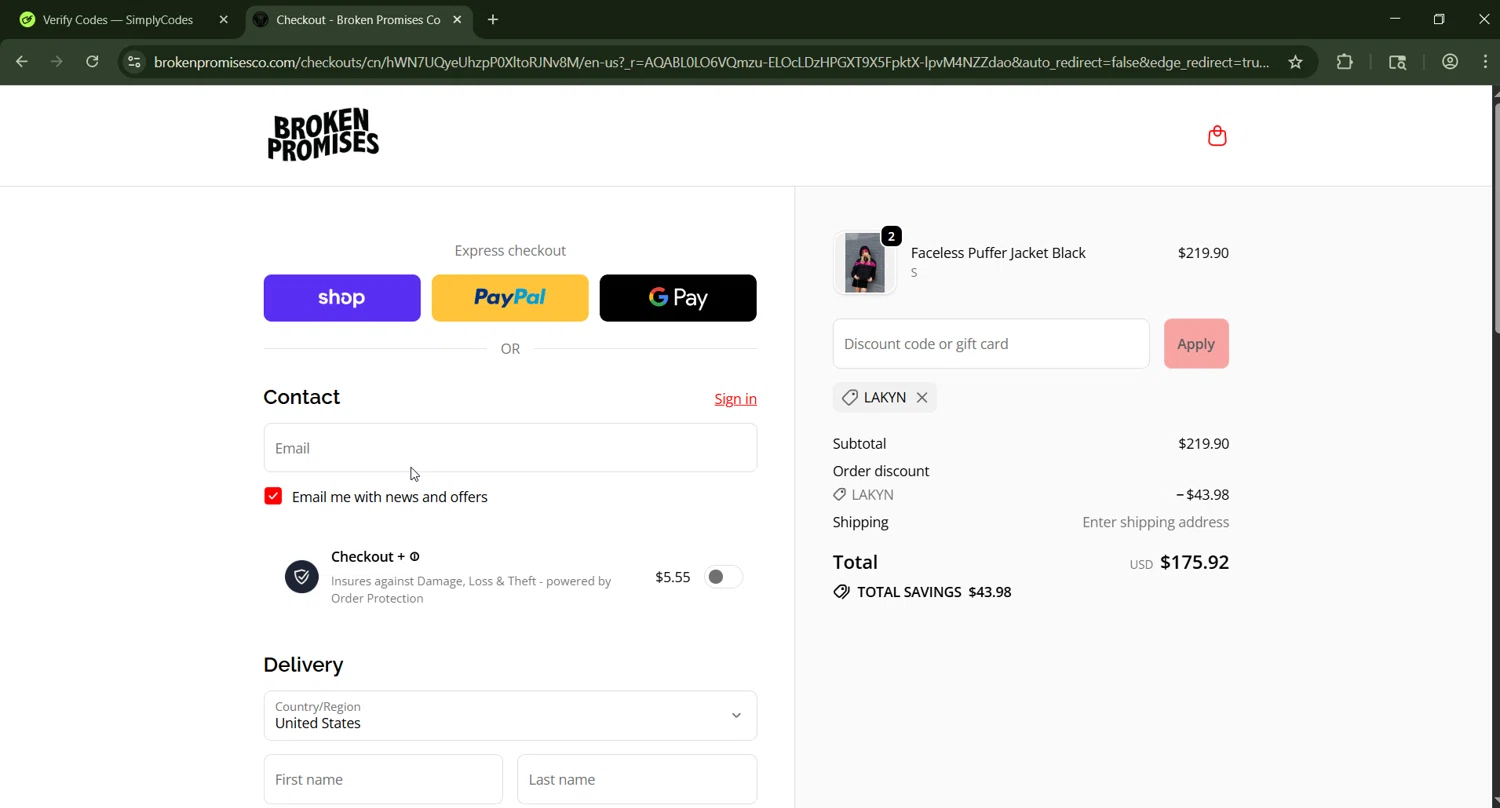 Broken Promises Co. discount code screenshot showing code LAKYN applied at Broken Promises Co. checkout page. Uploaded by SimplyCodes community member CashWizard4502 on Jan 11, 2026