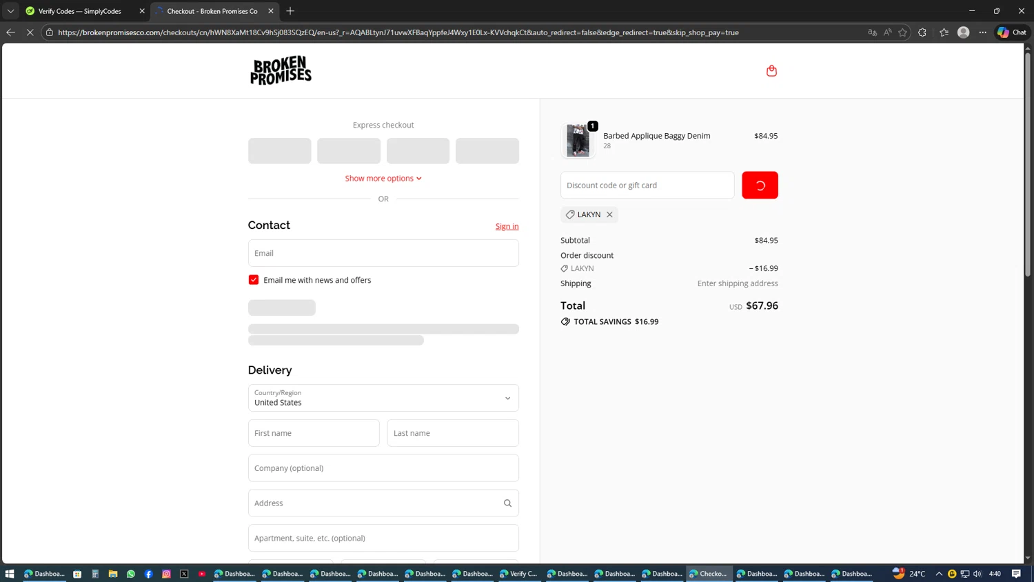 Broken Promises Co. checkout page showing Broken Promises Co. discount code box | Screenshot taken by SimplyCodes community member on Feb 8, 2026