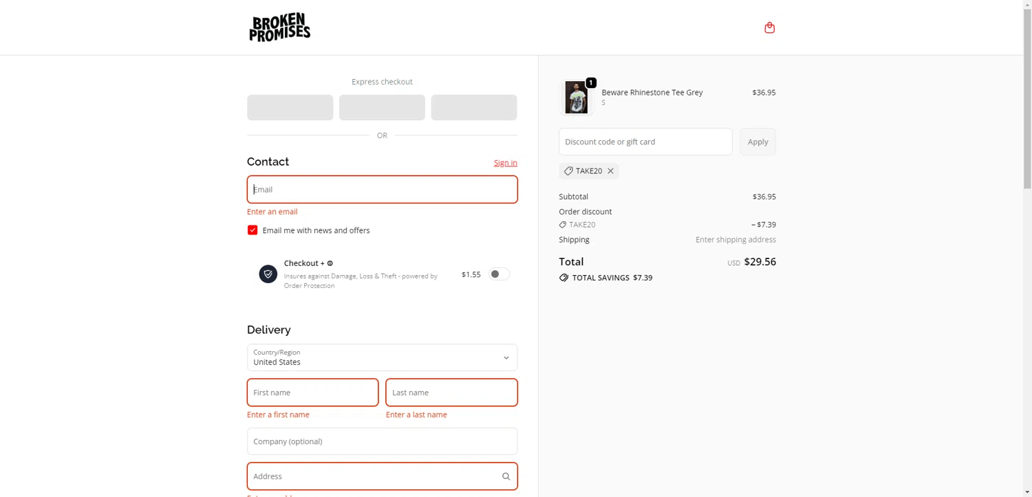 Broken Promises Co. discount code screenshot showing code TAKE20 applied at Broken Promises Co. checkout page. Uploaded by SimplyCodes community member EpicEagle816 on Nov 17, 2025