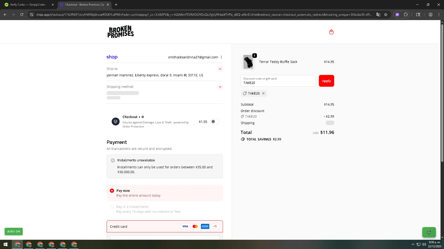 Broken Promises Co. discount code screenshot showing code TAKE20 applied at Broken Promises Co. checkout page. Uploaded by SimplyCodes community member MRYORMAN on Dec 22, 2025