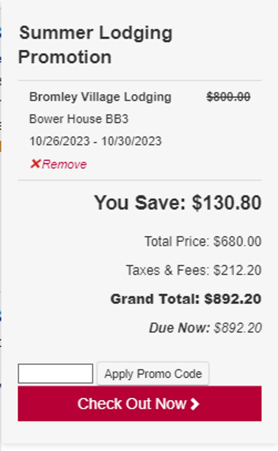 Bromley Mountain checkout page showing Bromley Mountain promo code box | Screenshot taken by SimplyCodes community member on Oct 22, 2023