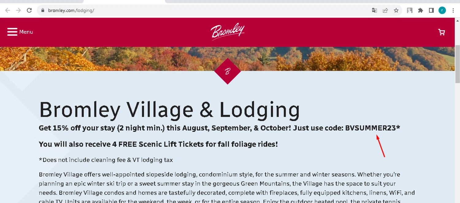 Bromley Mountain checkout page showing Bromley Mountain promo code box | Screenshot taken by SimplyCodes community member on Sep 23, 2023