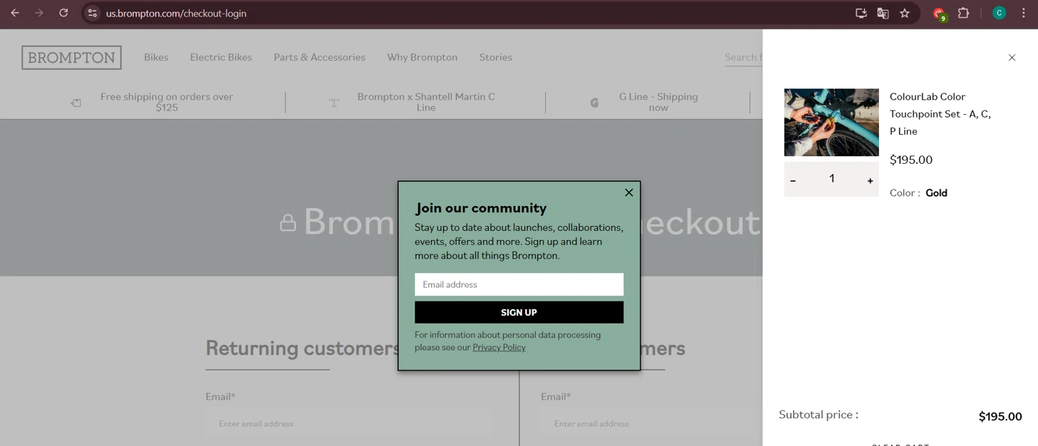 Brompton Bicycle promo code screenshot showing code RIDEOUT2022 applied at Brompton Bicycle checkout page. Uploaded by SimplyCodes community member Negritoo on Mar 27, 2025