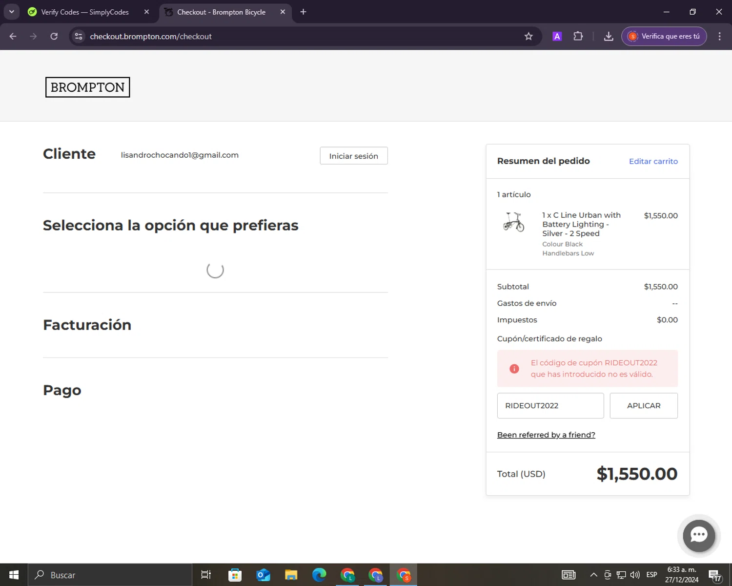 Brompton Bicycle promo code screenshot showing code RIDEOUT2022 applied at Brompton Bicycle checkout page. Uploaded by SimplyCodes community member lacrita_pirueta on Dec 27, 2024