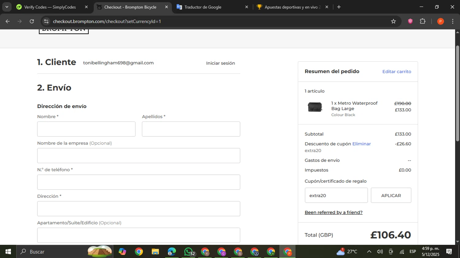 Brompton Bicycle promo code screenshot showing code extra20 applied at Brompton Bicycle checkout page. Uploaded by SimplyCodes community member VictoriousCaptain2658 on Dec 5, 2025