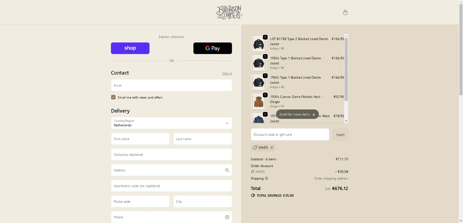 Bronson Mfg. discount code screenshot showing code SAVE5 applied at Bronson Mfg. checkout page. Uploaded by SimplyCodes community member PrimeSentinel4675 on Oct 19, 2025