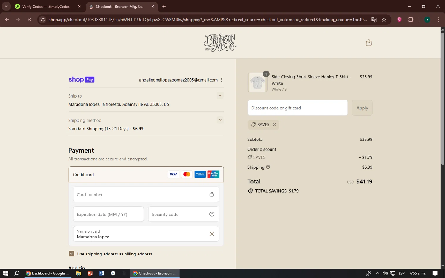 Bronson Mfg. discount code screenshot showing code SAVE5 applied at Bronson Mfg. checkout page. Uploaded by SimplyCodes community member zizu55 on Aug 1, 2025