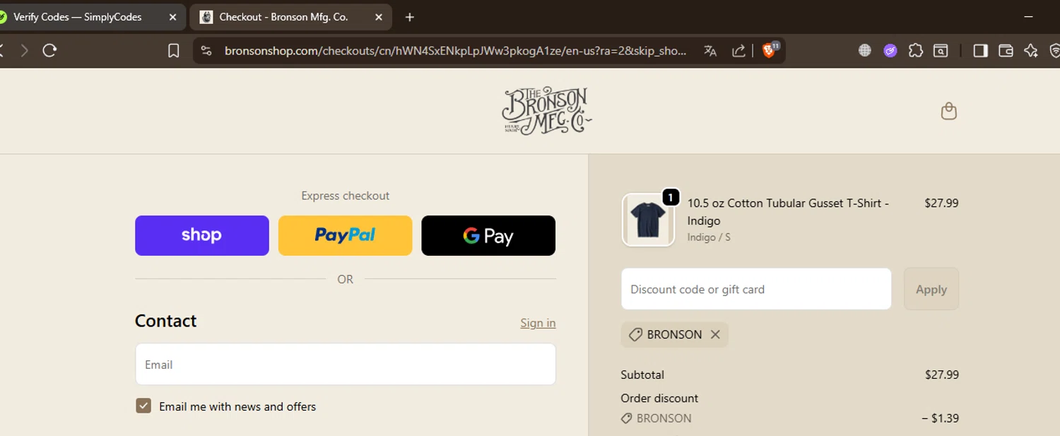 Bronson Mfg. discount code screenshot showing code BRONSON applied at Bronson Mfg. checkout page. Uploaded by SimplyCodes community member LuckyTracker4658 on Oct 24, 2025