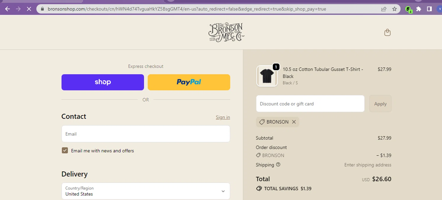 Bronson Mfg. discount code screenshot showing code BRONSON applied at Bronson Mfg. checkout page. Uploaded by SimplyCodes community member beatrizcastillo on Oct 28, 2025
