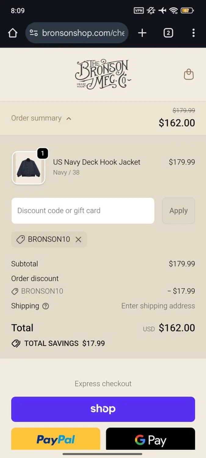 Bronson Mfg. discount code screenshot showing code BRONSON10 applied at Bronson Mfg. checkout page. Uploaded by SimplyCodes community member RoyalSpotter5217 on Jan 3, 2026
