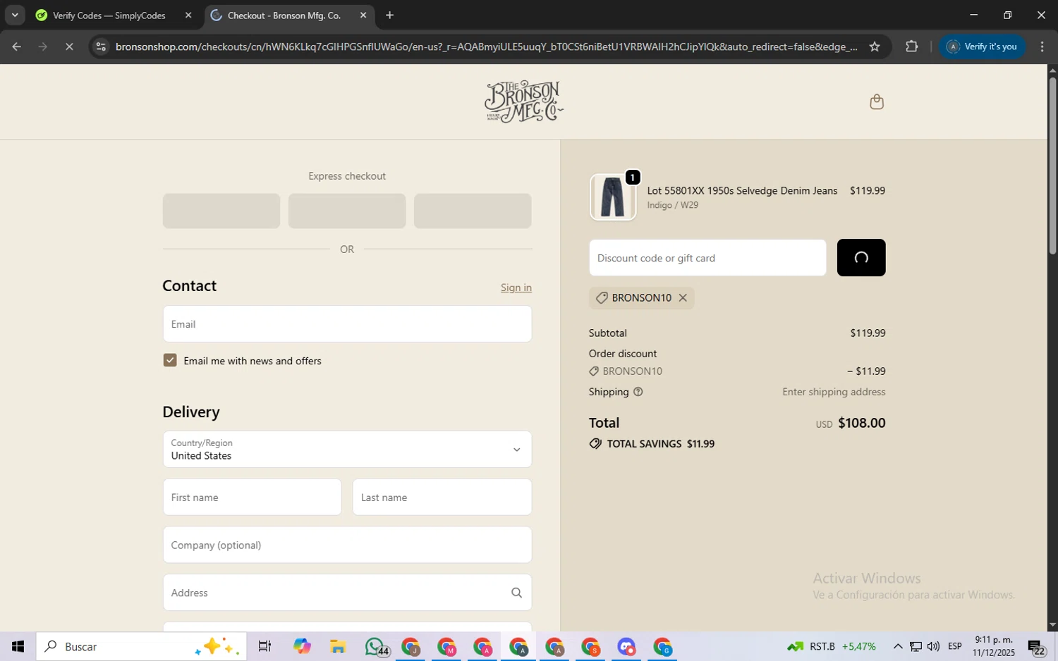 Bronson Mfg. discount code screenshot showing code BRONSON10 applied at Bronson Mfg. checkout page. Uploaded by SimplyCodes community member ScanSpotter8851 on Dec 12, 2025