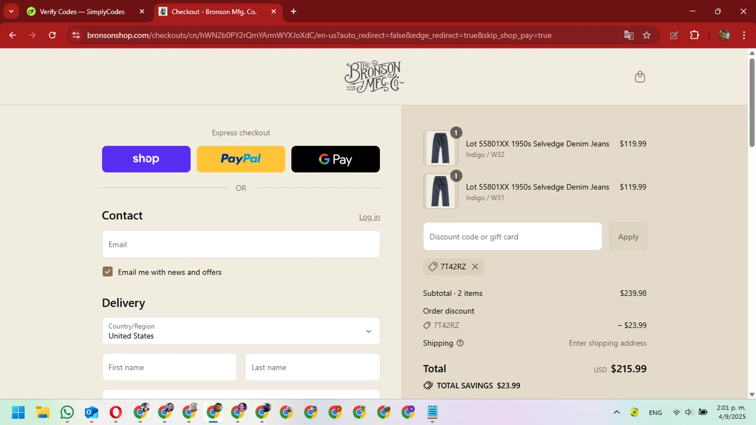 Bronson Mfg. discount code screenshot showing code 7T42RZ applied at Bronson Mfg. checkout page. Uploaded by SimplyCodes community member David_Gut_Sonic on Sep 4, 2025