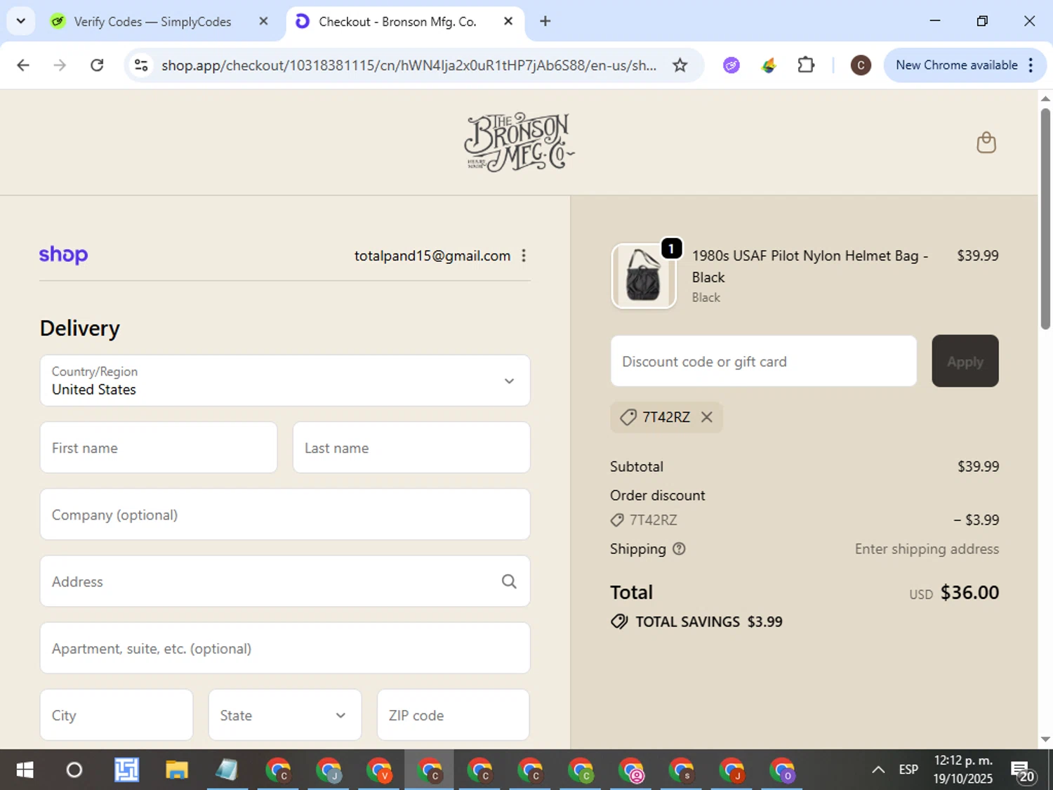 Bronson Mfg. discount code screenshot showing code 7T42RZ applied at Bronson Mfg. checkout page. Uploaded by SimplyCodes community member VictorL on Oct 19, 2025