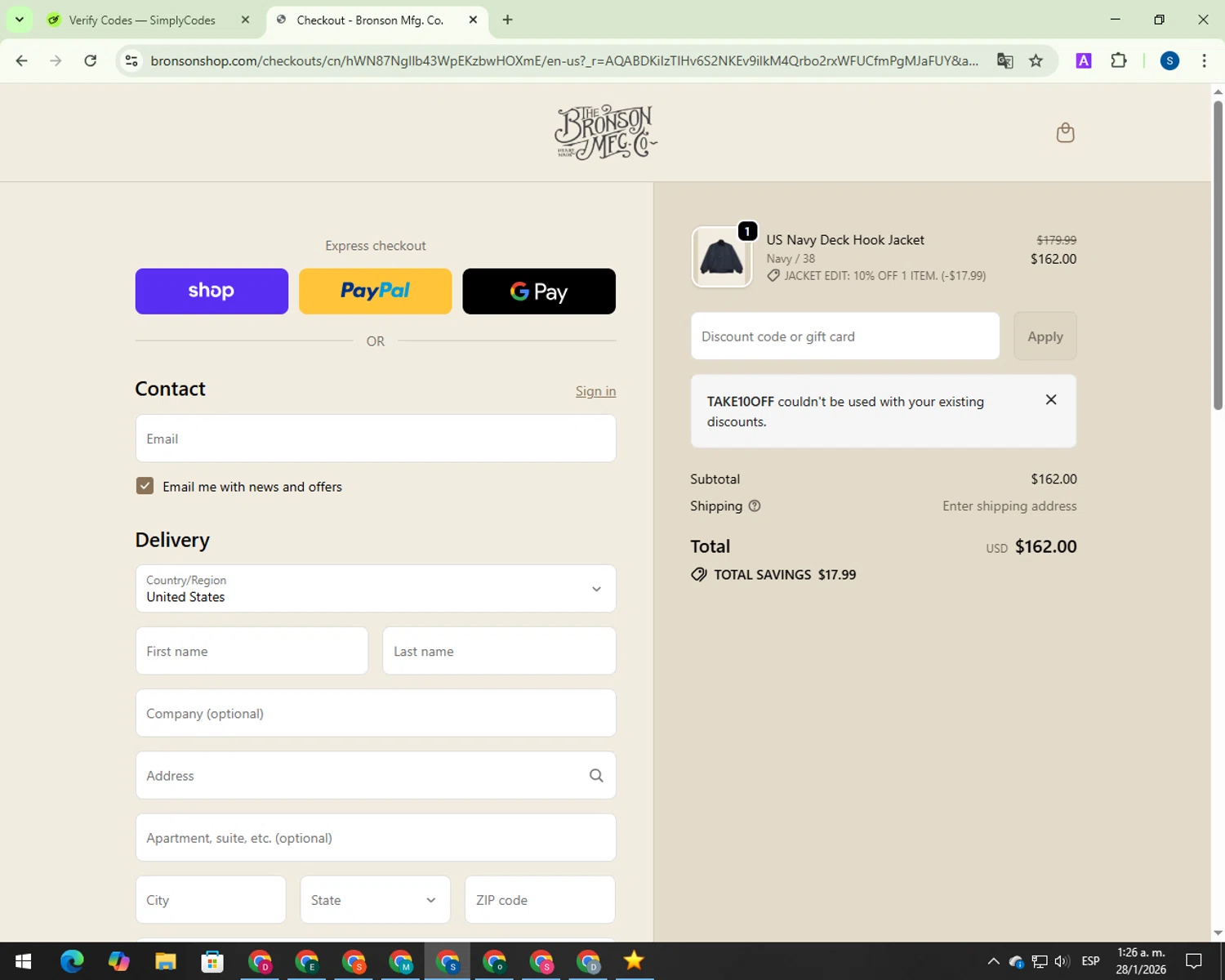 Bronson Mfg. discount code screenshot showing code TAKE10OFF applied at Bronson Mfg. checkout page. Uploaded by SimplyCodes community member 00000007 on Jan 28, 2026