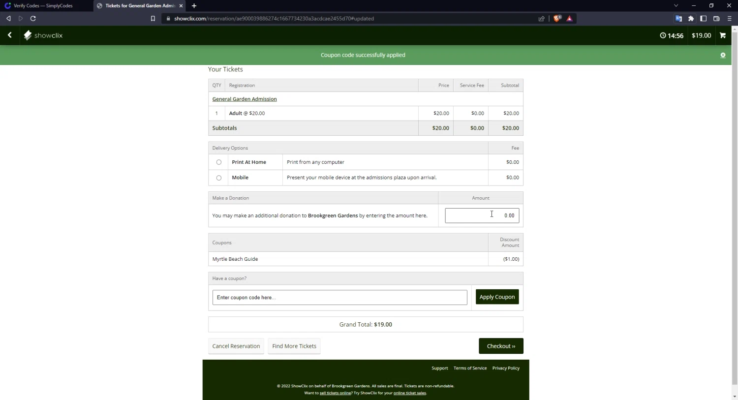 Brookgreen Gardens checkout page showing Brookgreen Gardens promo code box | Screenshot taken by SimplyCodes community member on Nov 6, 2022