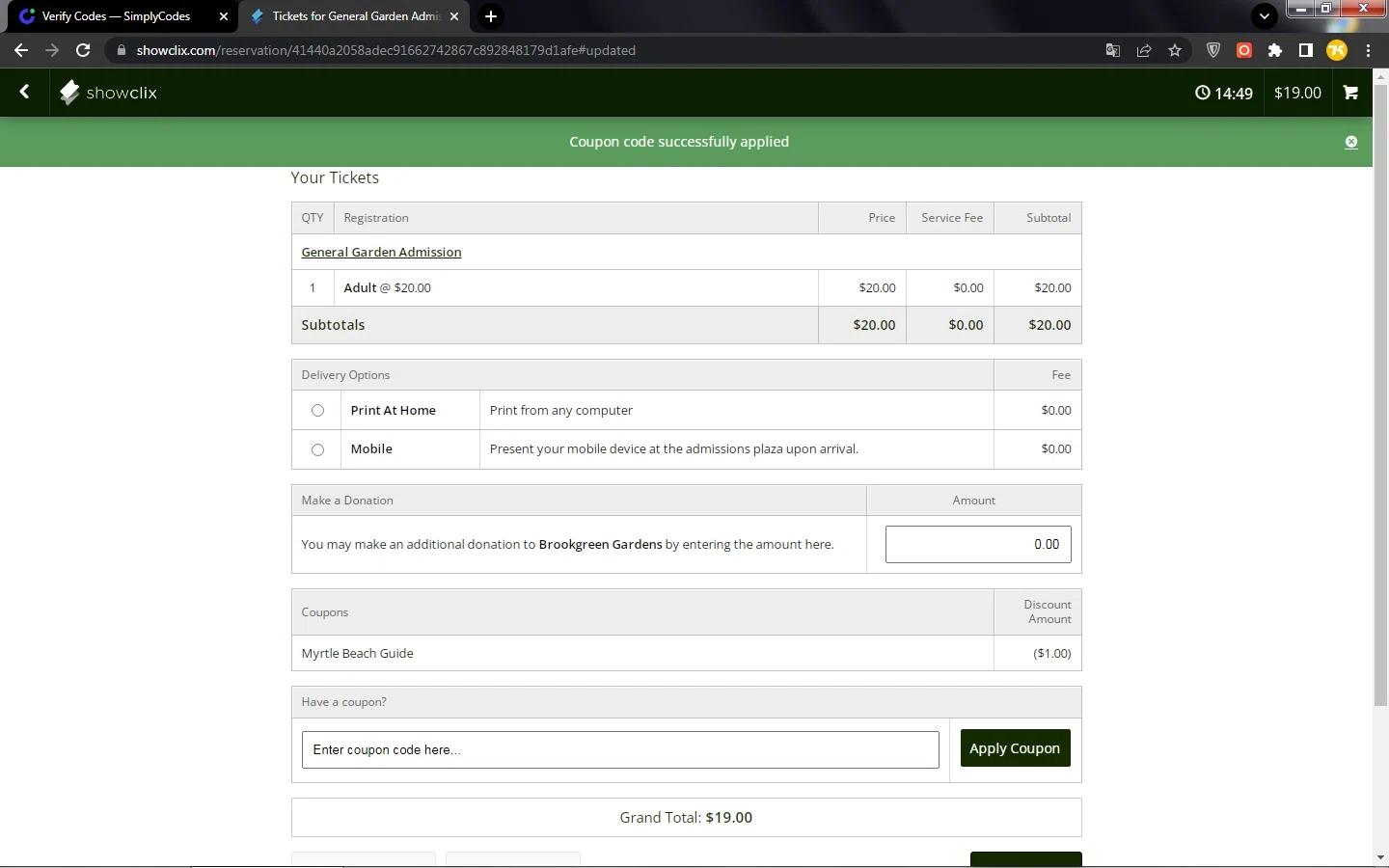 Brookgreen Gardens checkout page showing Brookgreen Gardens promo code box | Screenshot taken by SimplyCodes community member on Sep 9, 2022