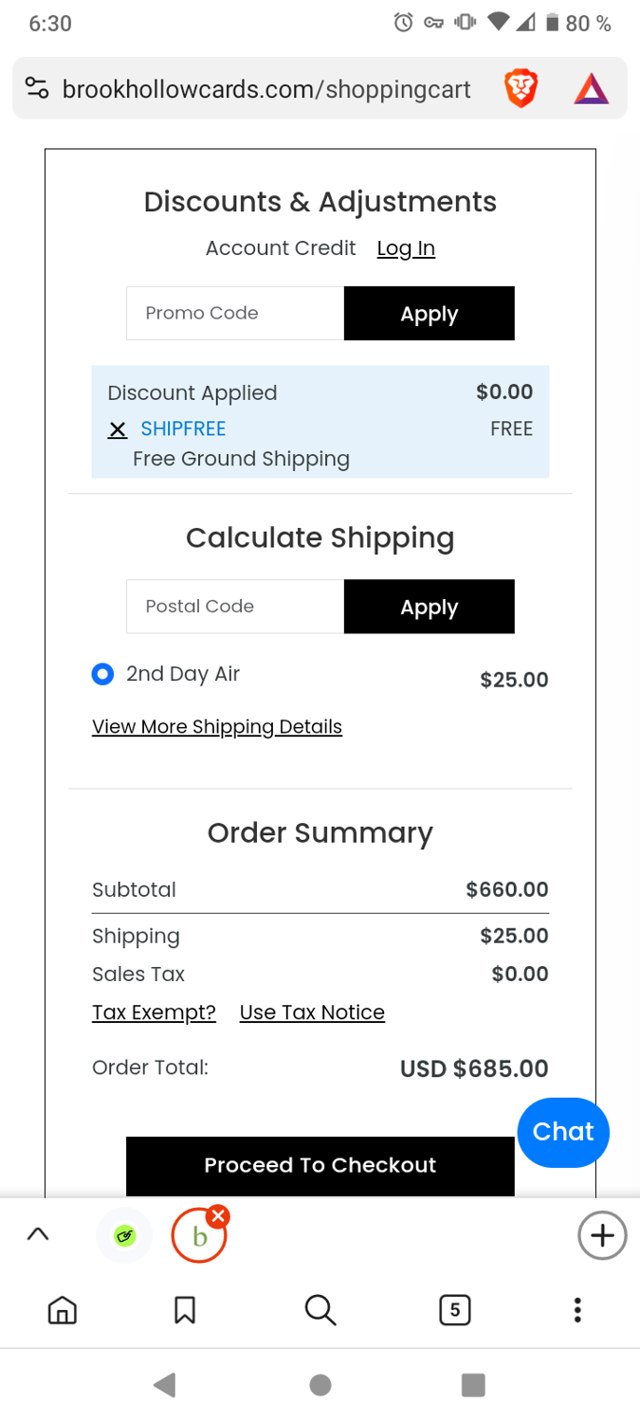 Brookhollow Cards checkout page showing Brookhollow Cards discount code box | Screenshot taken by SimplyCodes community member on Jul 18, 2025