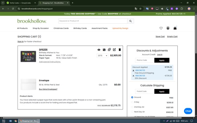 Brookhollow Cards checkout page showing Brookhollow Cards discount code box | Screenshot taken by SimplyCodes community member on Aug 13, 2025