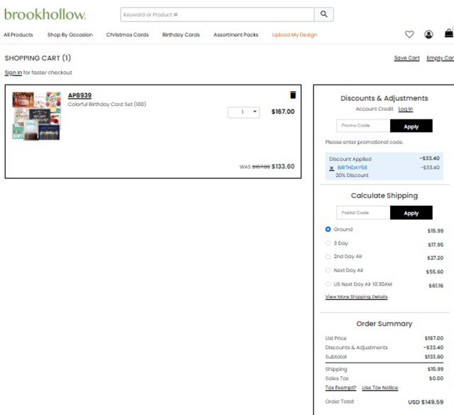 Brookhollow Cards checkout page showing Brookhollow Cards discount code box | Screenshot taken by SimplyCodes community member on Aug 25, 2025