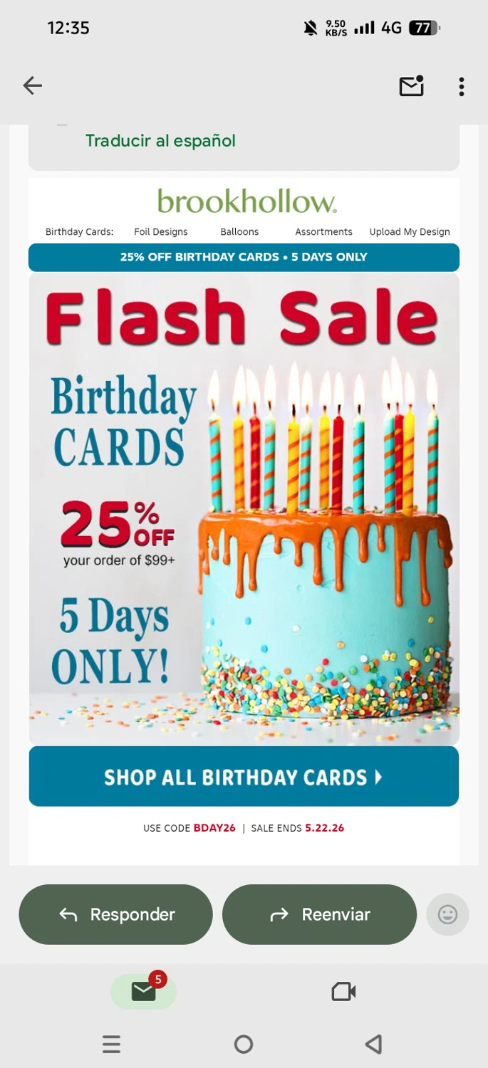 Brookhollow Cards promo code screenshot showing code BDAY26 applied at Brookhollow Cards checkout page. Uploaded by SimplyCodes community member PaulSkenes on May 22, 2026