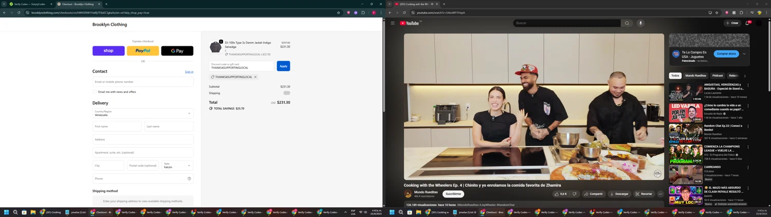 Brooklyn Clothing discount code screenshot showing code THANKS4SUPPORTINGLOCAL applied at Brooklyn Clothing checkout page. Uploaded by SimplyCodes community member ExtraordinaryVirtuoso281 on Sep 25, 2025