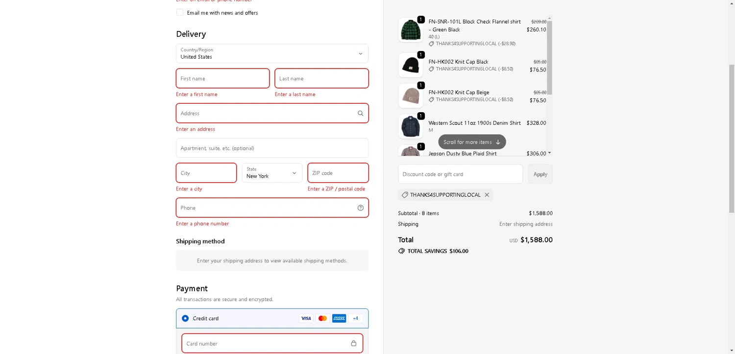 Brooklyn Clothing discount code screenshot showing code THANKS4SUPPORTINGLOCAL applied at Brooklyn Clothing checkout page. Uploaded by SimplyCodes community member DerekRoberson on Oct 11, 2025