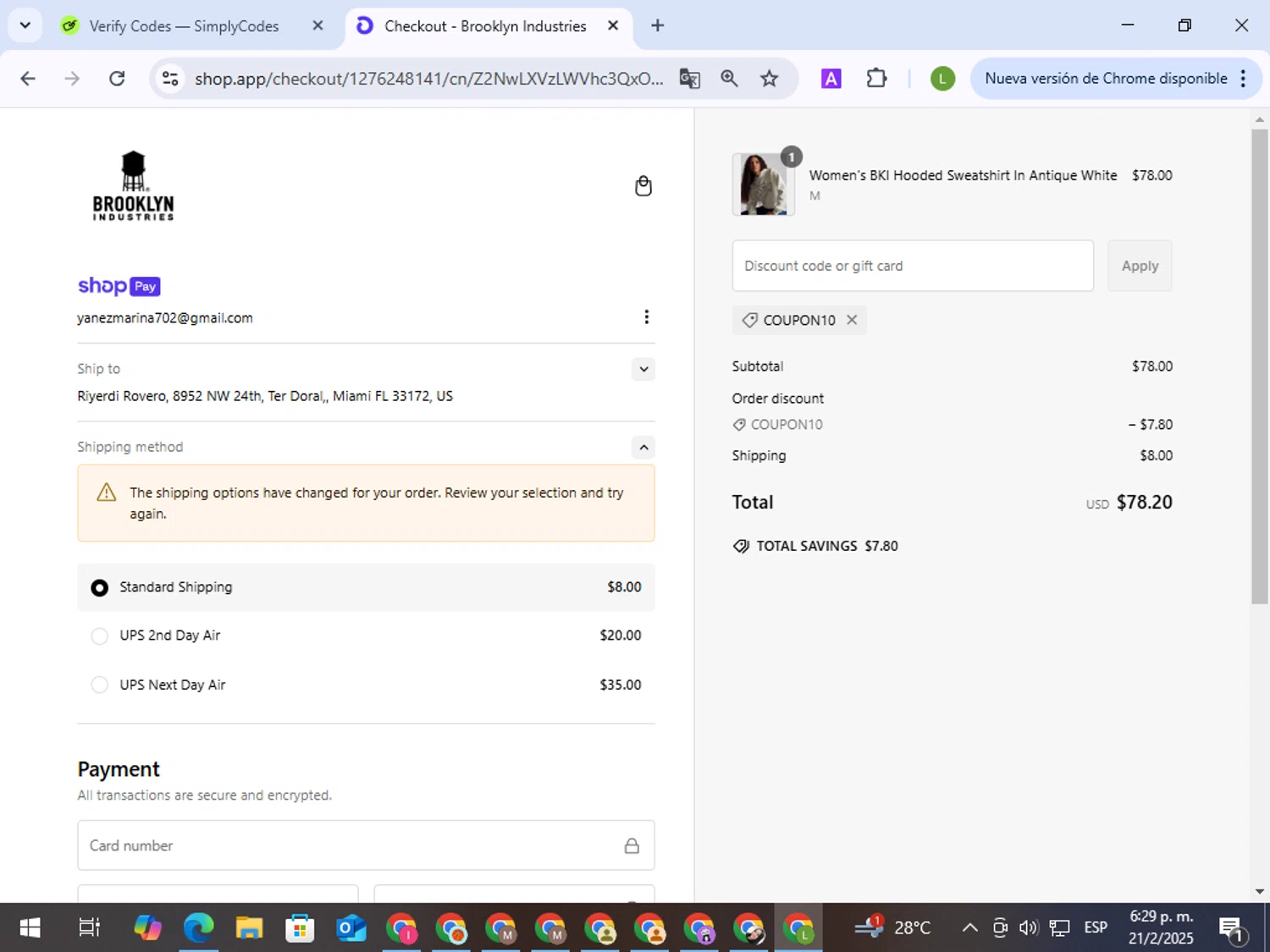 Brooklyn Industries promo code screenshot showing code COUPON10 applied at Brooklyn Industries checkout page. Uploaded by SimplyCodes community member BargainEagle9039 on Feb 21, 2025
