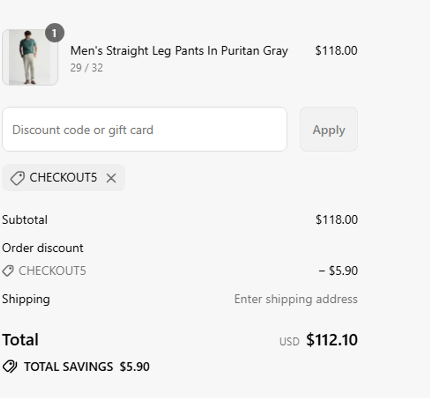 Brooklyn Industries promo code screenshot showing code CHECKOUT5 applied at Brooklyn Industries checkout page. Uploaded by SimplyCodes community member GloriousHero5962 on Jul 9, 2025
