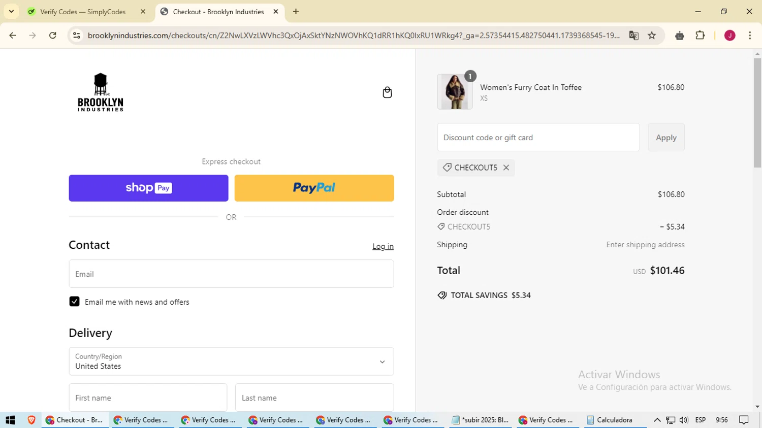 Brooklyn Industries promo code screenshot showing code CHECKOUT5 applied at Brooklyn Industries checkout page. Uploaded by SimplyCodes community member CashAce3869 on Feb 12, 2025