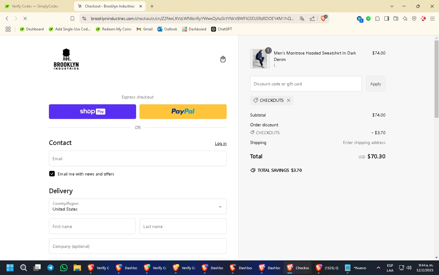 Brooklyn Industries promo code screenshot showing code CHECKOUT5 applied at Brooklyn Industries checkout page. Uploaded by SimplyCodes community member FortunatePilot9624 on Feb 12, 2025