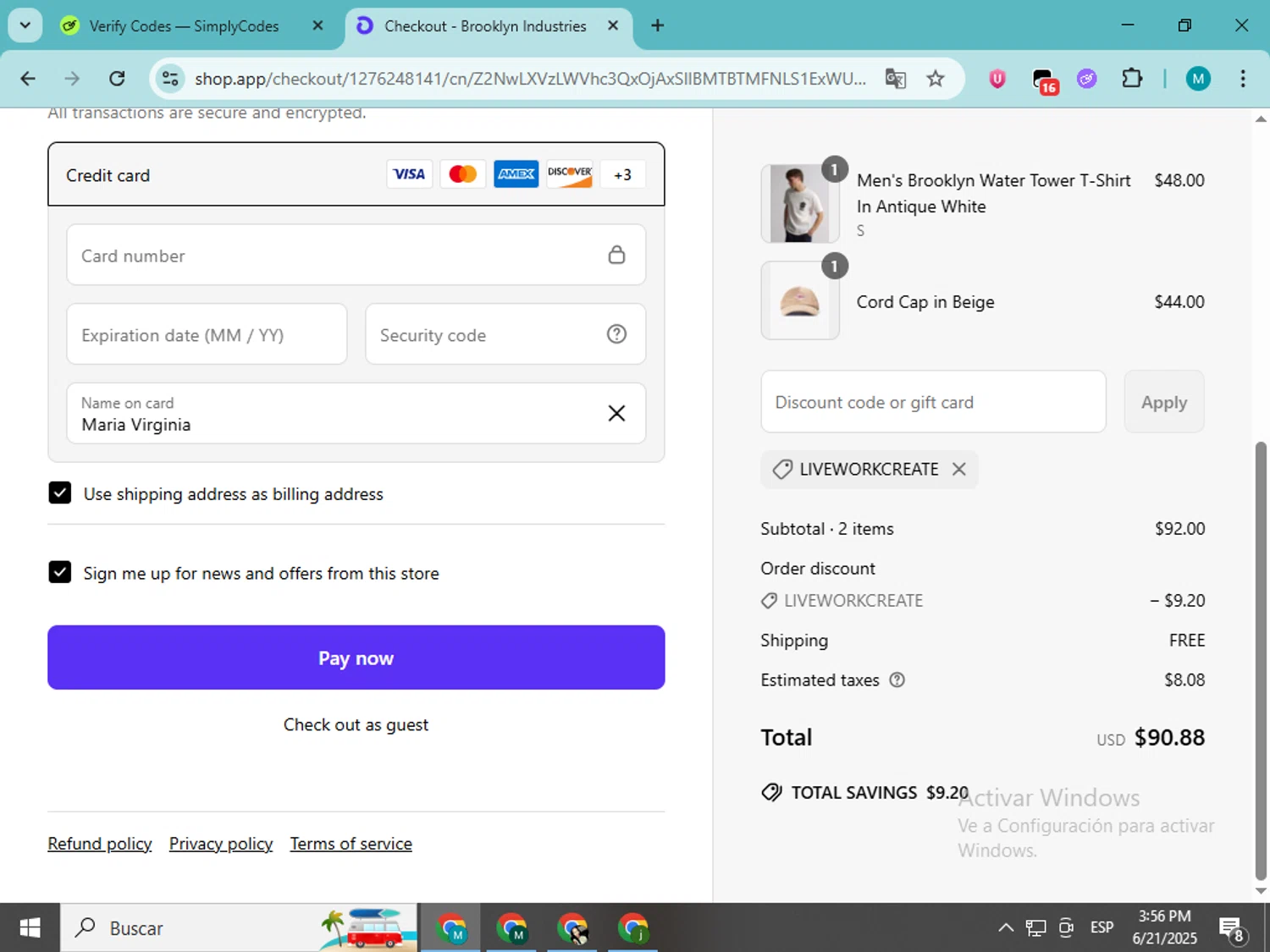 Brooklyn Industries promo code screenshot showing code LIVEWORKCREATE applied at Brooklyn Industries checkout page. Uploaded by SimplyCodes community member estrellaveloz on Jun 21, 2025
