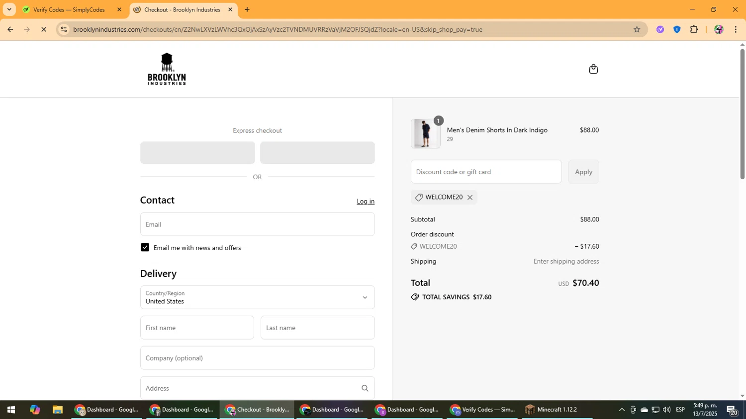 Brooklyn Industries promo code screenshot showing code WELCOME20 applied at Brooklyn Industries checkout page. Uploaded by SimplyCodes community member Vanmanuel on Jul 13, 2025