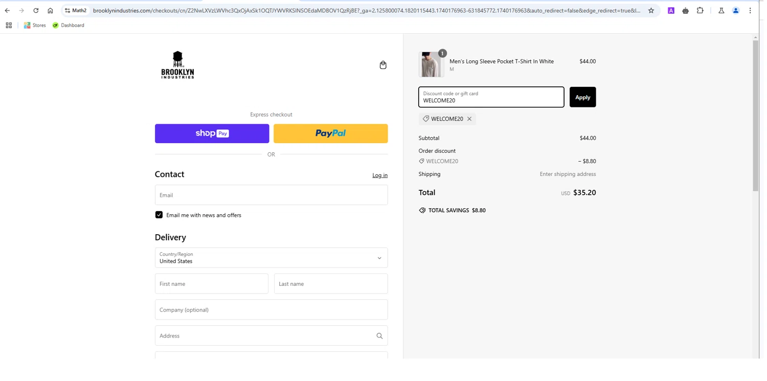 Brooklyn Industries promo code screenshot showing code WELCOME20 applied at Brooklyn Industries checkout page. Uploaded by SimplyCodes community member zea007 on Feb 21, 2025