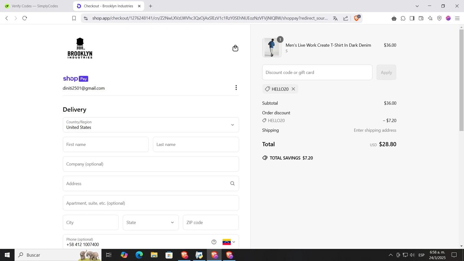 Brooklyn Industries promo code screenshot showing code HELLO20 applied at Brooklyn Industries checkout page. Uploaded by SimplyCodes community member AnthonyGTX on Mar 24, 2025