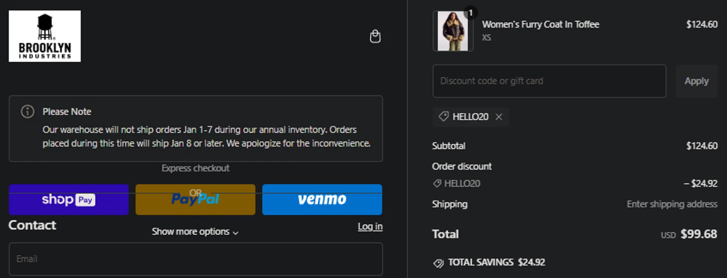 Brooklyn Industries promo code screenshot showing code HELLO20 applied at Brooklyn Industries checkout page. Uploaded by SimplyCodes community member idkxxx on Jan 8, 2025