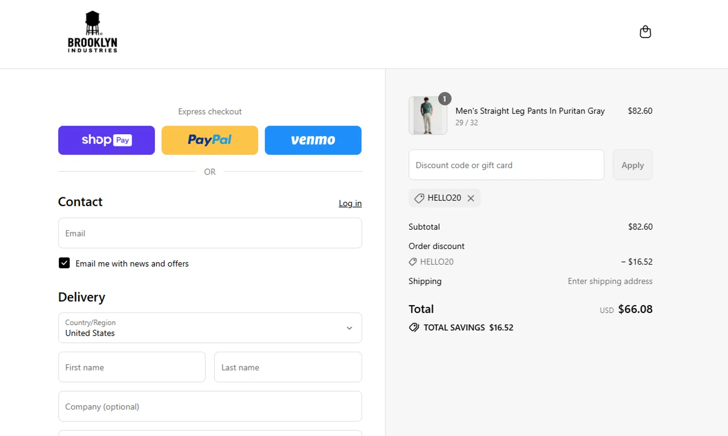 Brooklyn Industries promo code screenshot showing code HELLO20 applied at Brooklyn Industries checkout page. Uploaded by SimplyCodes community member joandgray9 on Aug 12, 2025