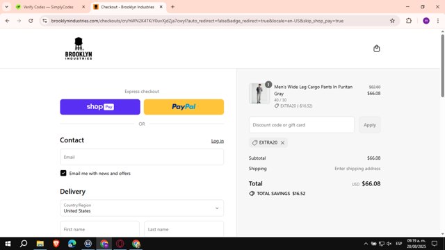 Brooklyn Industries checkout page showing Brooklyn Industries promo code box | Screenshot taken by SimplyCodes community member on Aug 28, 2025