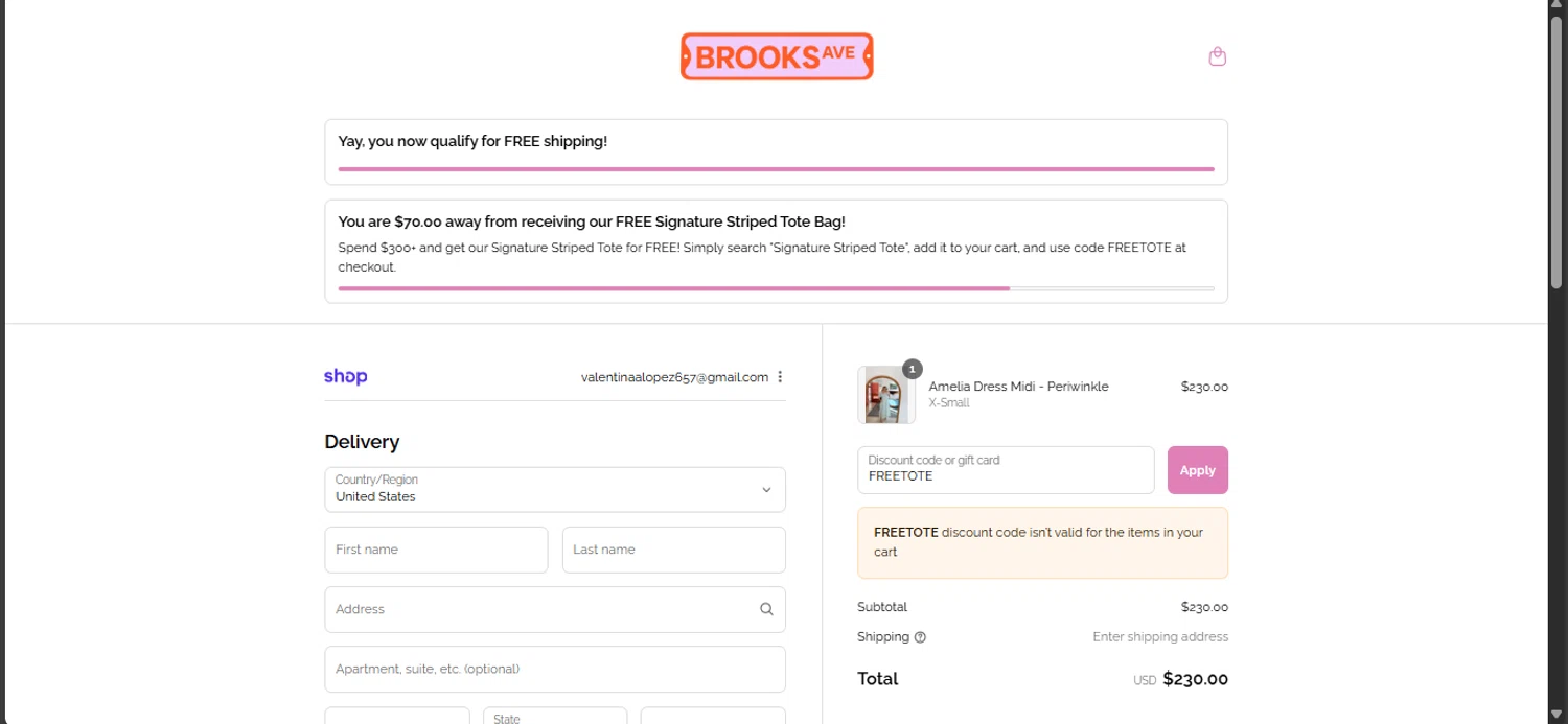Brooks Avenue promo code screenshot showing code FREETOTE applied at Brooks Avenue checkout page. Uploaded by SimplyCodes community member Nicoletorres on Sep 6, 2025