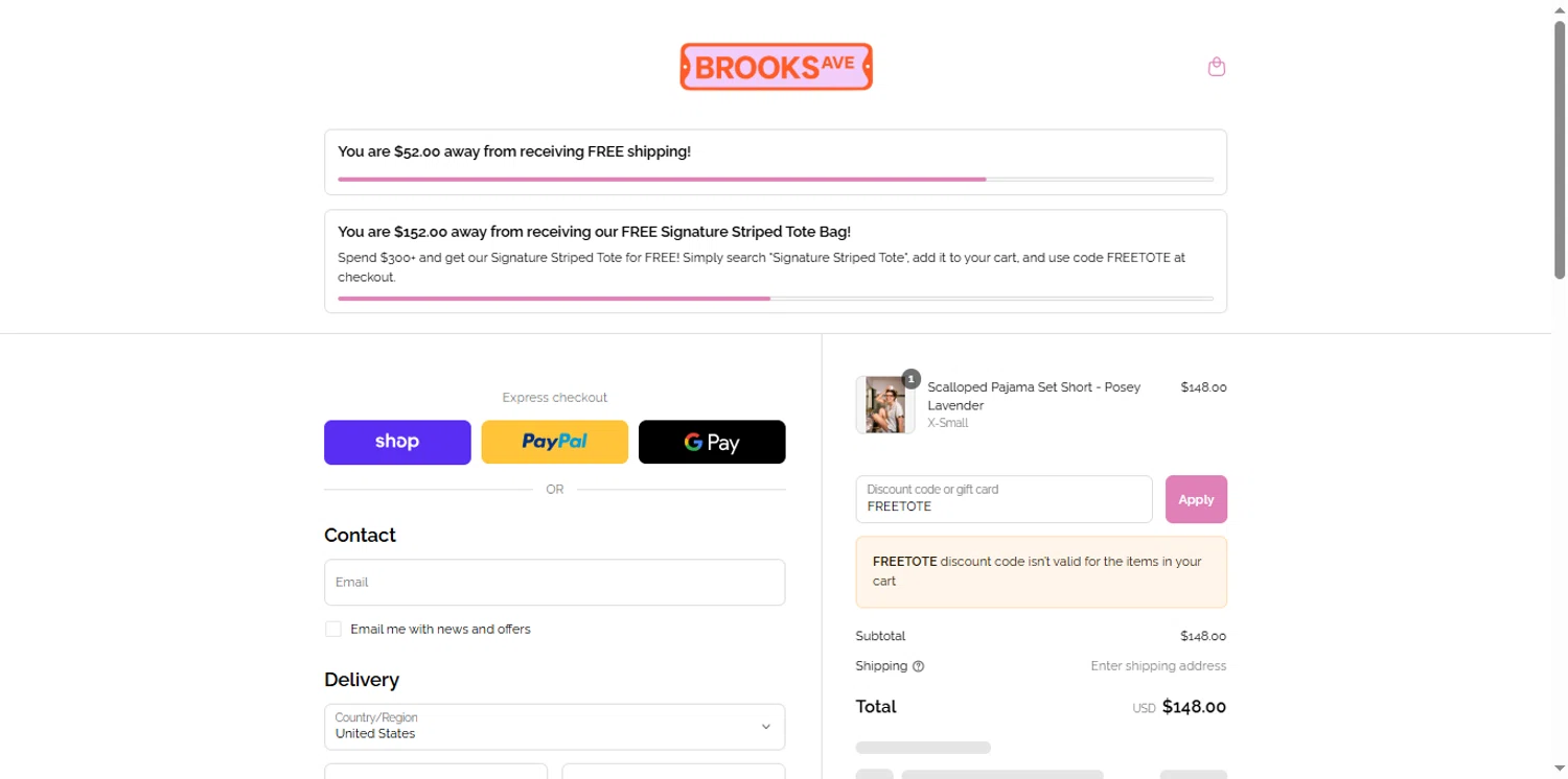 Brooks Avenue promo code screenshot showing code FREETOTE applied at Brooks Avenue checkout page. Uploaded by SimplyCodes community member renegul on Sep 2, 2025