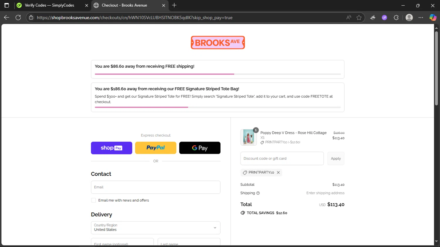 Brooks Avenue promo code screenshot showing code PRINTPARTY10 applied at Brooks Avenue checkout page. Uploaded by SimplyCodes community member JuanChi on Jul 24, 2025