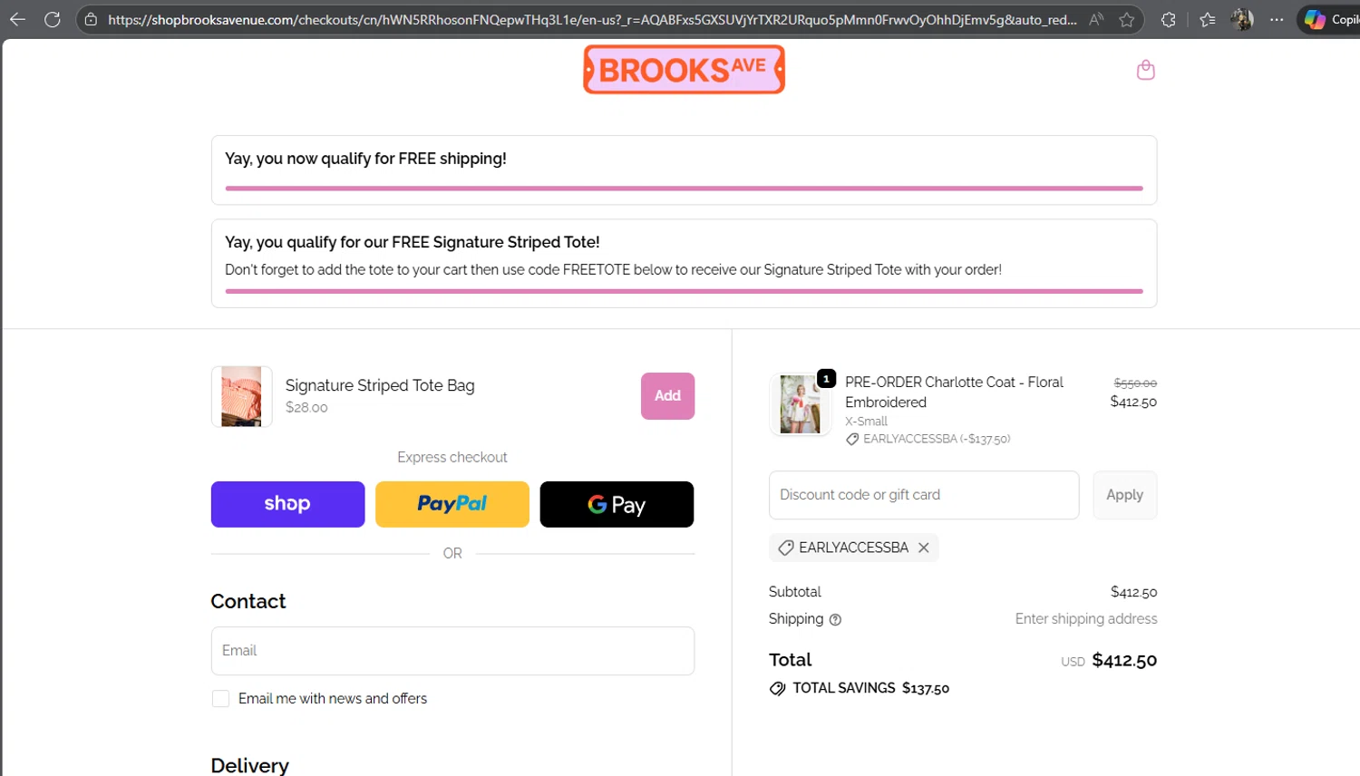 Brooks Avenue promo code screenshot showing code EARLYACCESSBA applied at Brooks Avenue checkout page. Uploaded by SimplyCodes community member JEMITOIG on Nov 18, 2025