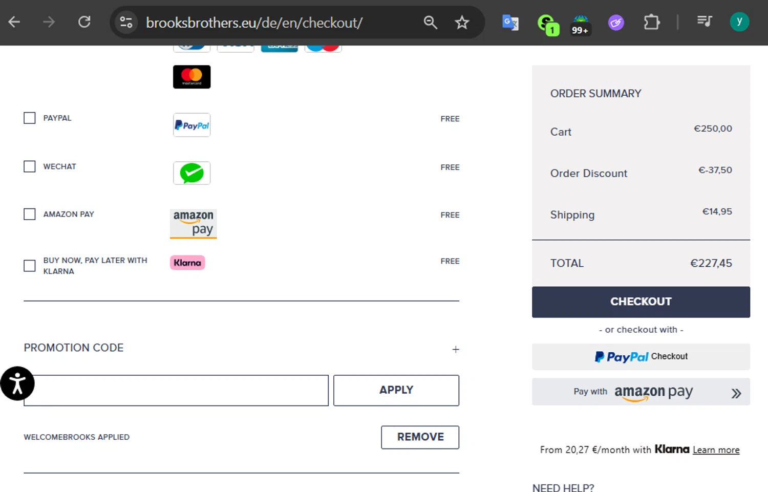 Brooks Brothers promo code screenshot showing code WELCOMEBROOKS applied at Brooks Brothers checkout page. Uploaded by SimplyCodes community member 502312 on Aug 6, 2025