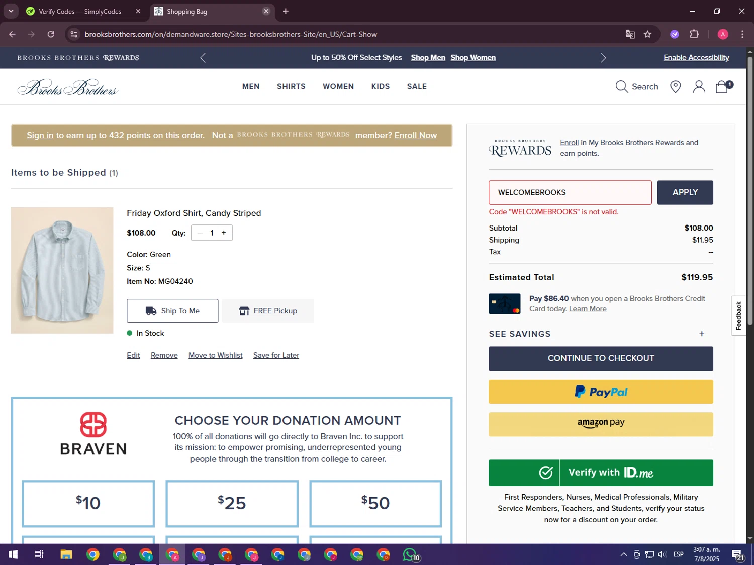 Brooks Brothers promo code screenshot showing code WELCOMEBROOKS applied at Brooks Brothers checkout page. Uploaded by SimplyCodes community member CrownHawk3462 on Aug 7, 2025