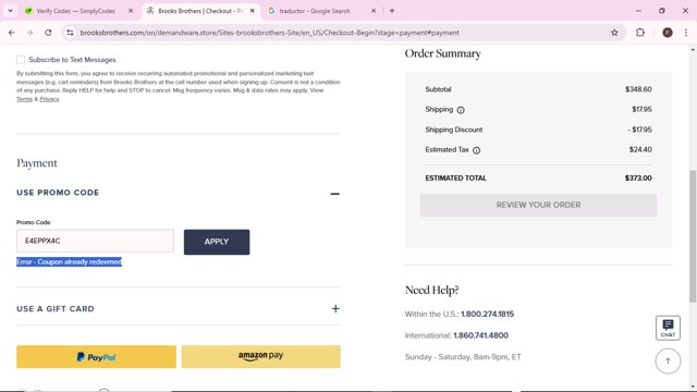 Brooks Brothers checkout page showing Brooks Brothers promo code box | Screenshot taken by SimplyCodes community member on Nov 1, 2024