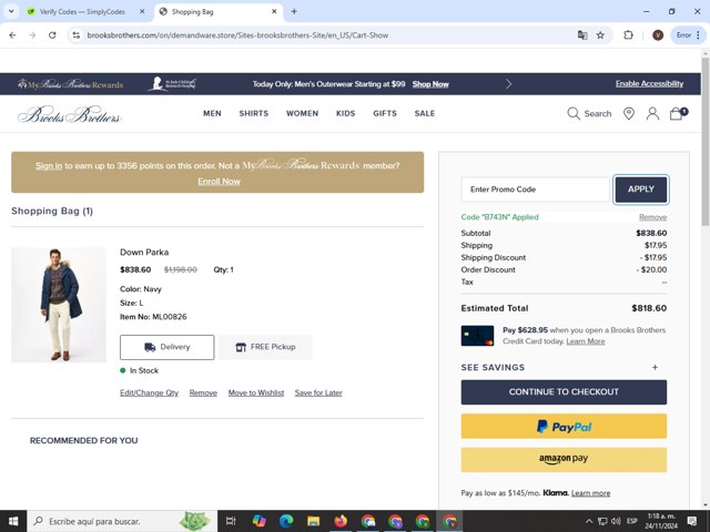 Brooks Brothers checkout page showing Brooks Brothers promo code box | Screenshot taken by SimplyCodes community member on Nov 24, 2024