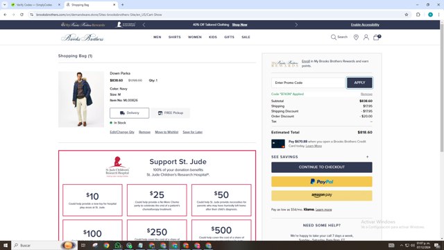 Brooks Brothers checkout page showing Brooks Brothers promo code box | Screenshot taken by SimplyCodes community member on Dec 7, 2024