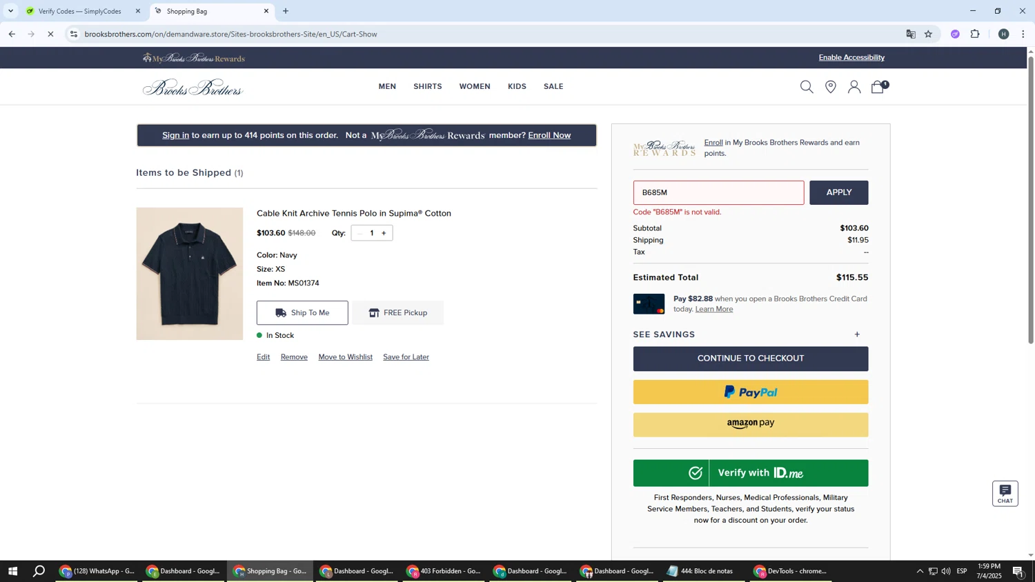 Brooks Brothers promo code screenshot showing code B685M applied at Brooks Brothers checkout page. Uploaded by SimplyCodes community member YAMAHA on Jul 4, 2025
