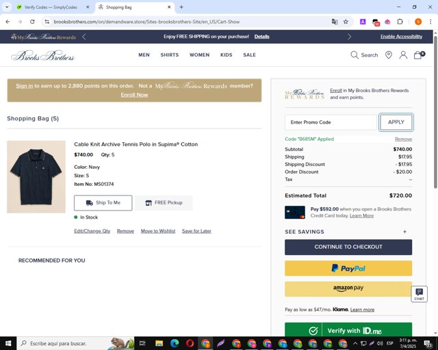 Brooks Brothers checkout page showing Brooks Brothers promo code box | Screenshot taken by SimplyCodes community member on Apr 7, 2025