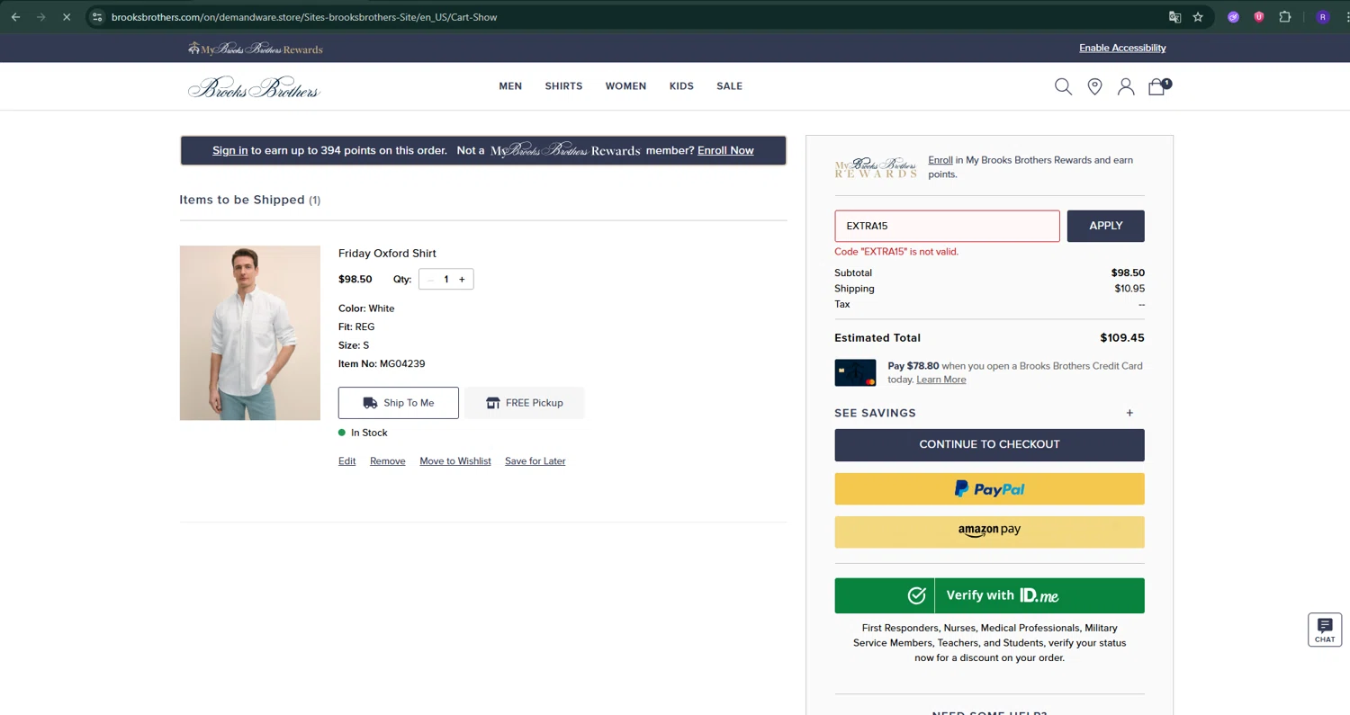 Brooks Brothers promo code screenshot showing code EXTRA15 applied at Brooks Brothers checkout page. Uploaded by SimplyCodes community member ShrewdShopper154 on Jul 4, 2025