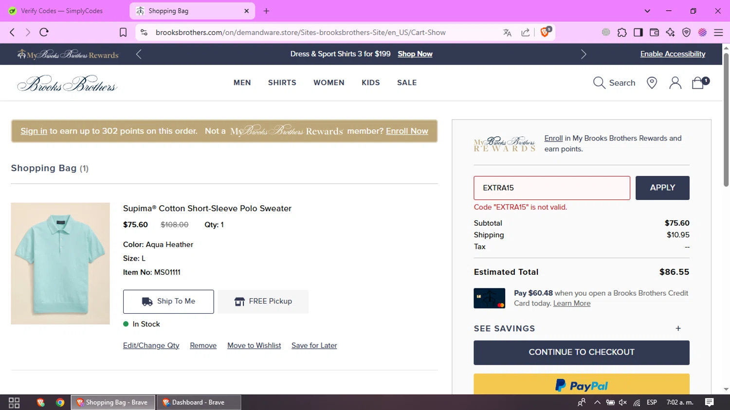 Brooks Brothers promo code screenshot showing code EXTRA15 applied at Brooks Brothers checkout page. Uploaded by SimplyCodes community member PrimeLynx5403 on Apr 16, 2025